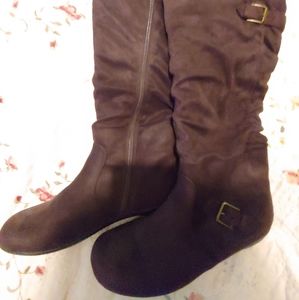 Dark Brown Faux Suede Slouchy Boots with Buckles